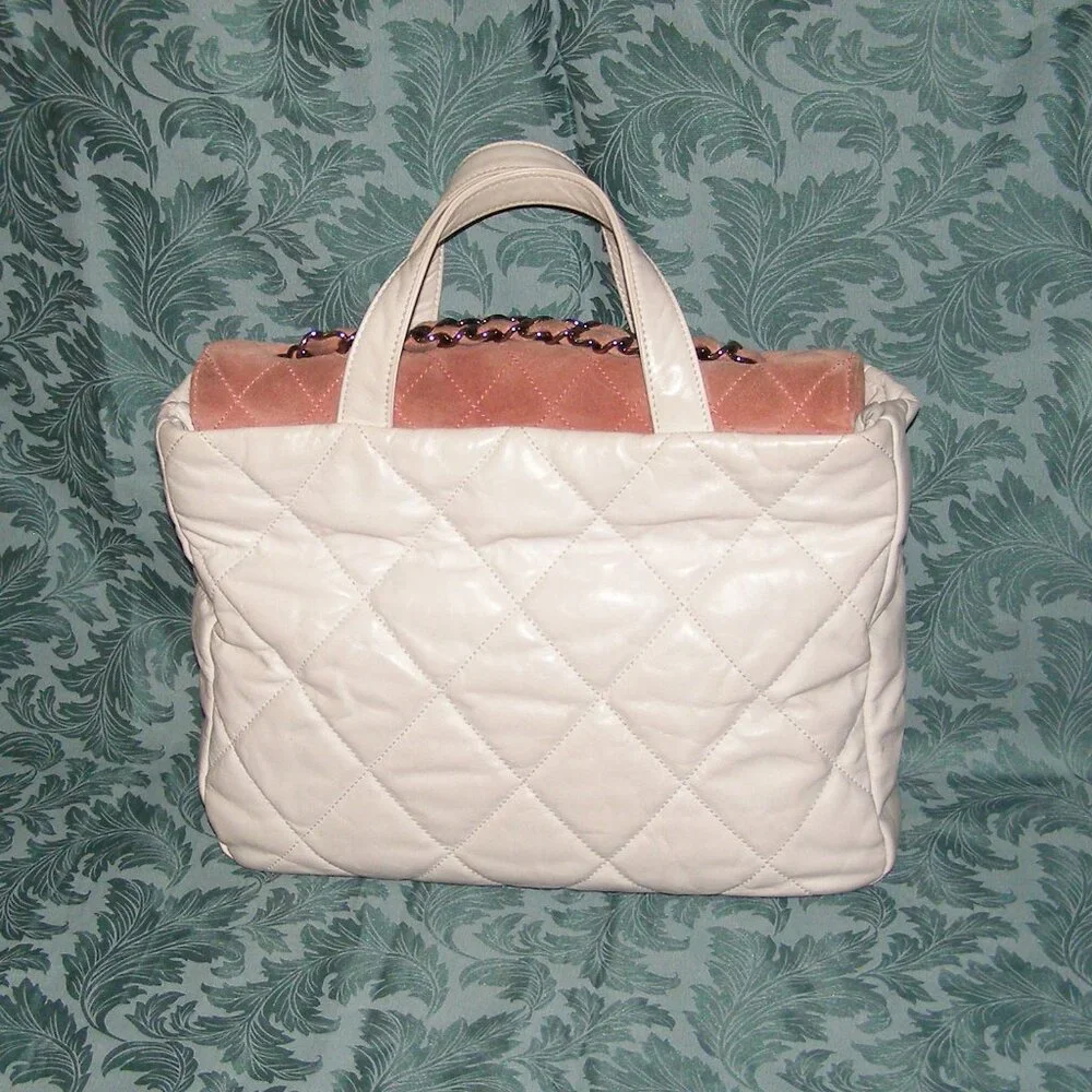 💖 CHANEL Portobello White Quilted Leather & Pink Suede Tote/Shoulder Bag